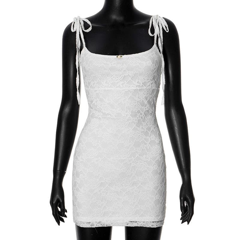 U neck lace self tie flower applique cami mini dress