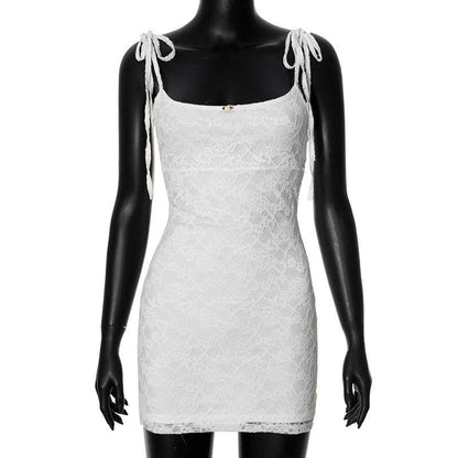 U neck lace self tie flower applique cami mini dress