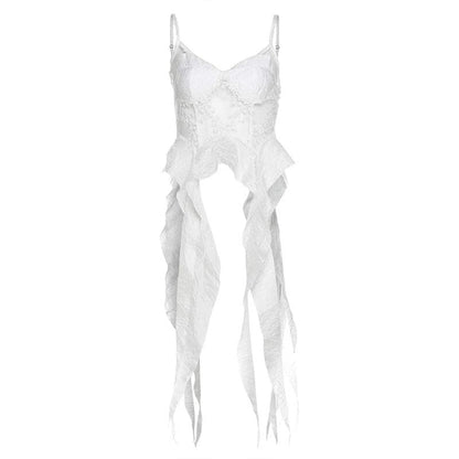 Mesh embroidery ruffle backless cami top