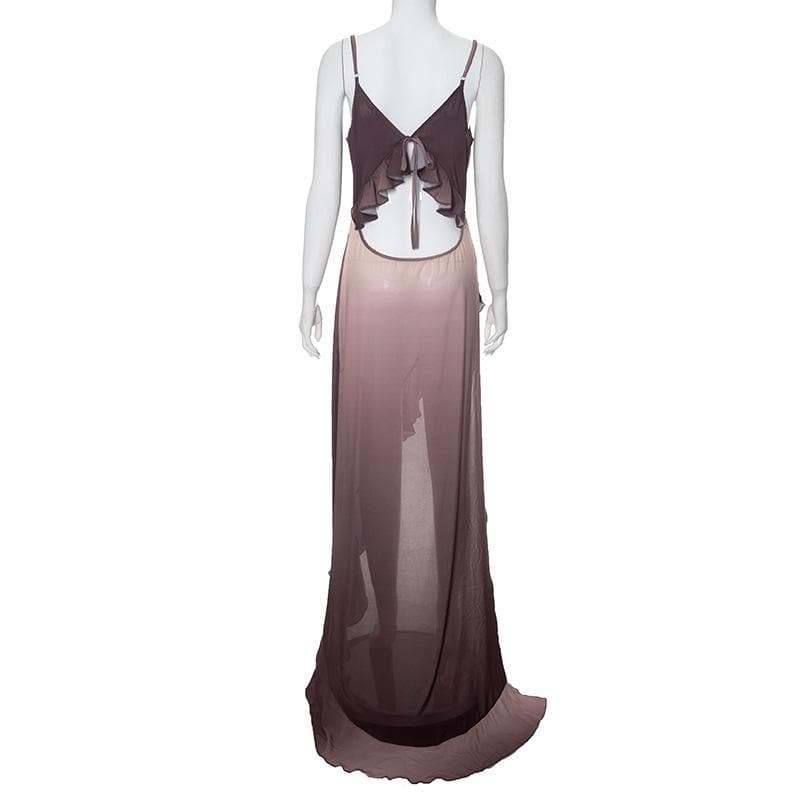 Gradient cowl neck see through ruffle cami maxi dress