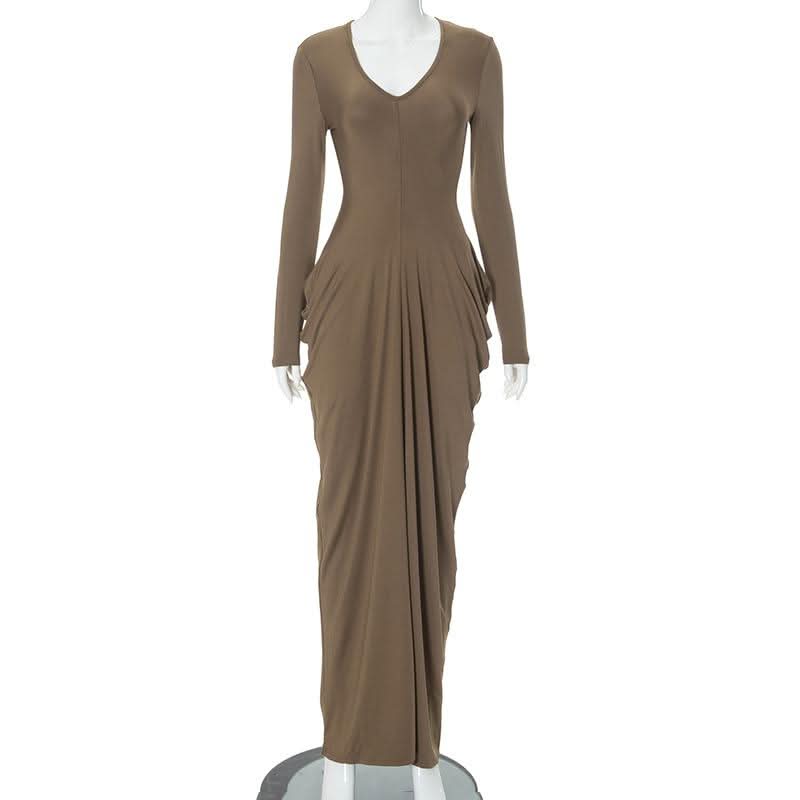 V neck long sleeve cowl neck solid maxi dress