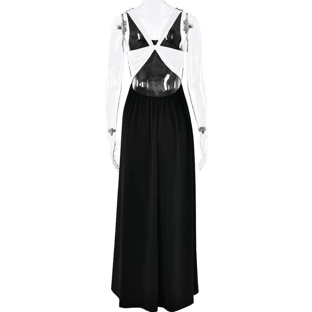 U neck ruched contrast cross back backless cami maxi dress