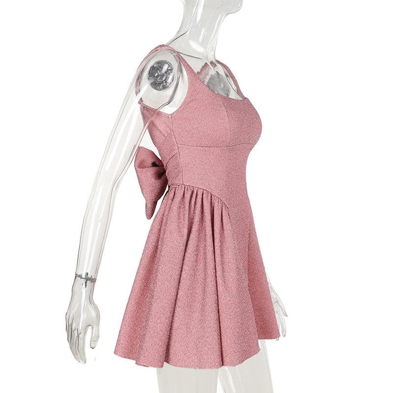 Square neck bowknot stitch backless cami mini dress