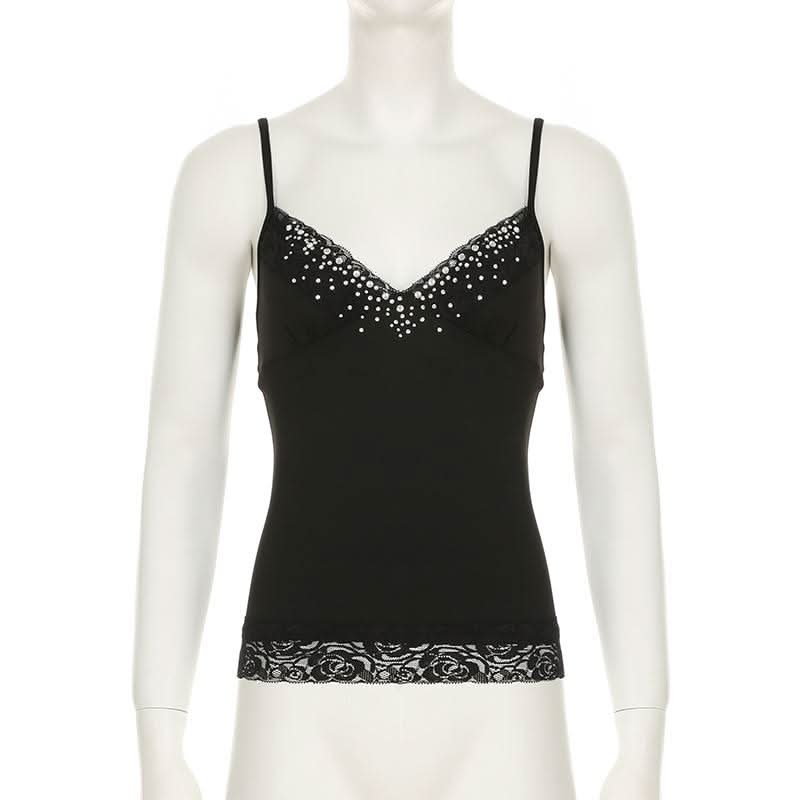 Beaded v neck lace hem backless cami top