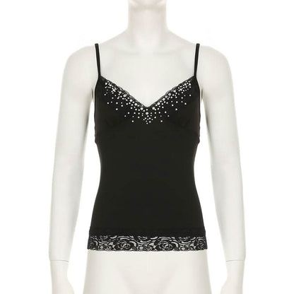 Beaded v neck lace hem backless cami top