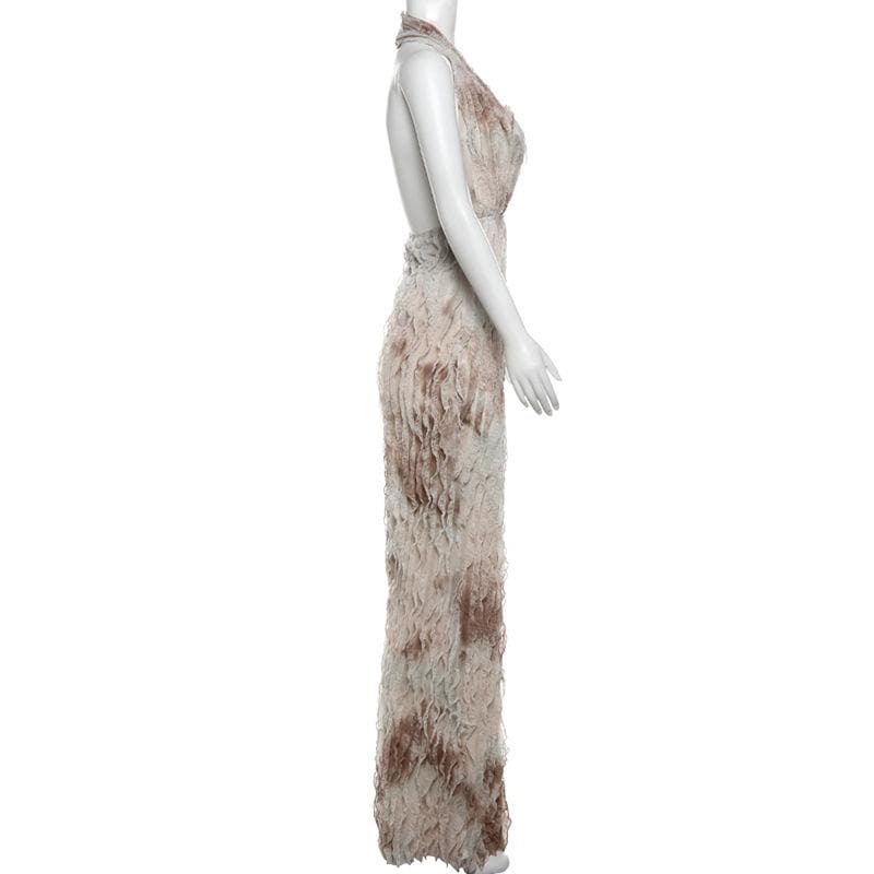 Halter ruffle deep square neck backless maxi dress