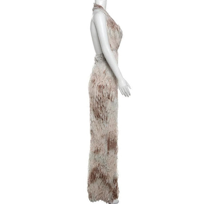 Halter ruffle deep square neck backless maxi dress