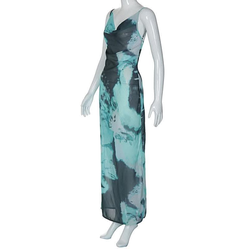 Slit chiffon tie dye contrast backless cowl neck cami maxi dress-final-sale