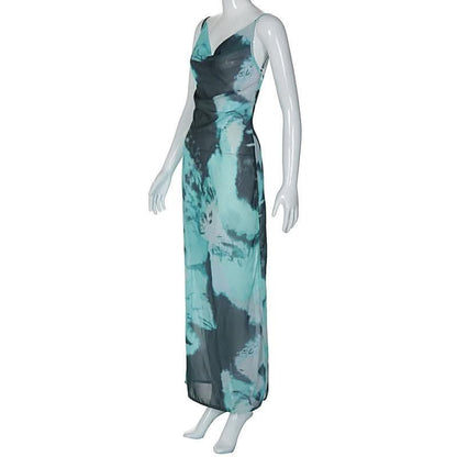 Slit chiffon tie dye contrast backless cowl neck cami maxi dress-final-sale