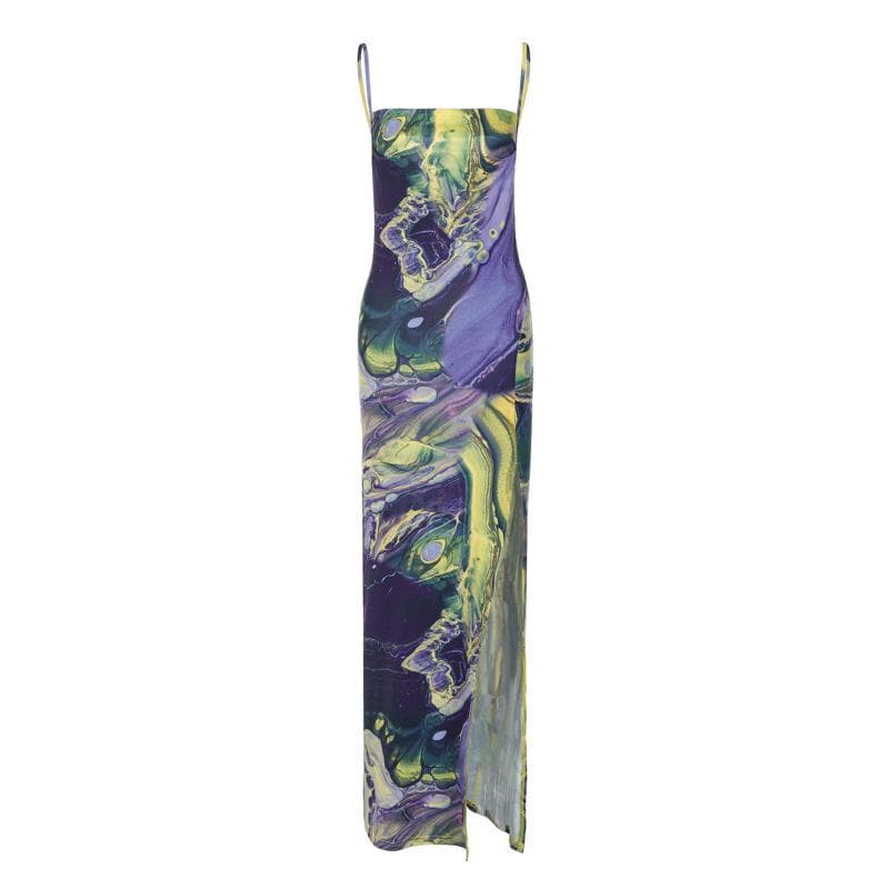 Sleeveless contrast print slit backless cami dress