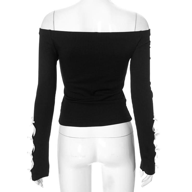 Long sleeve off shoulder bowknot hollow out ribbed cut out top