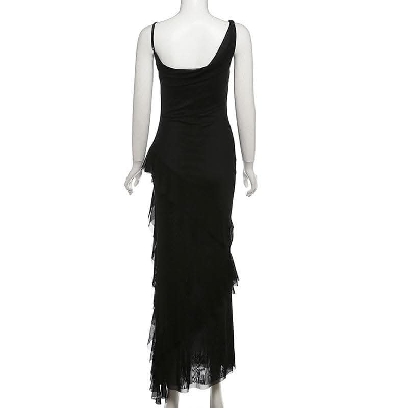 Cowl neck mesh ruffle slit irregular solid cami maxi dress-final-sale