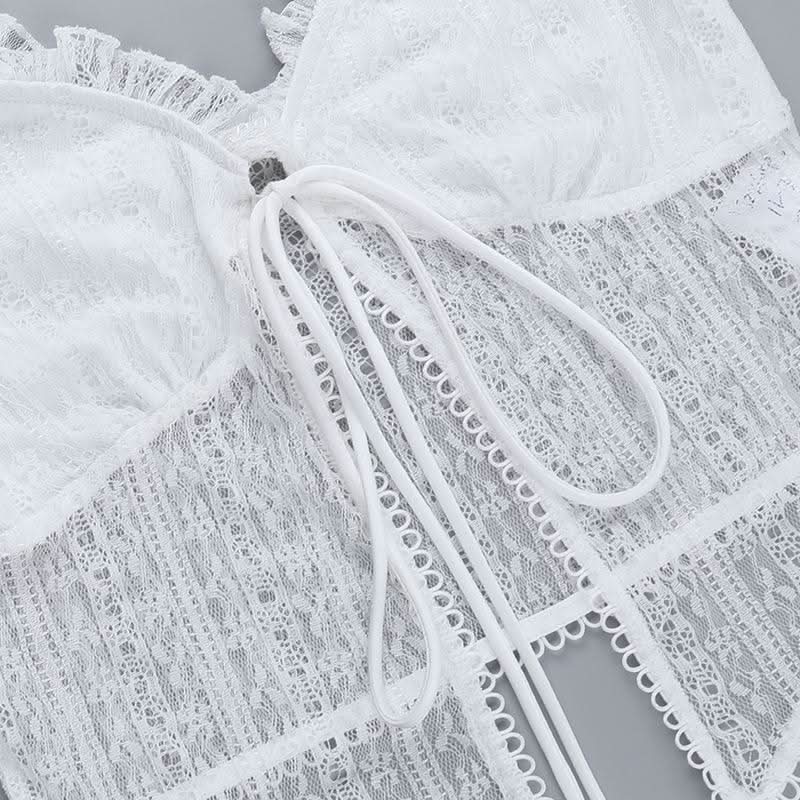 Ruffle v neck lace cap sleeve self tie crop top