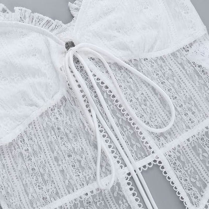 Ruffle v neck lace cap sleeve self tie crop top