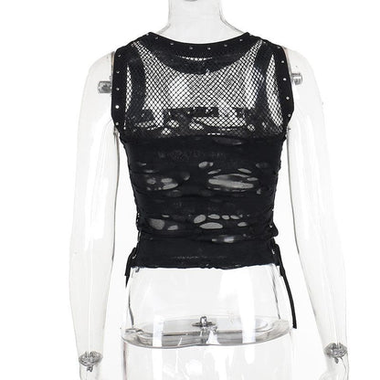 Crewneck fishnet buckle hollow out lace up tank cut out top