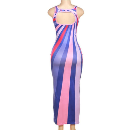 Striped contrast sleeveless backless crewneck maxi dress-final-sale