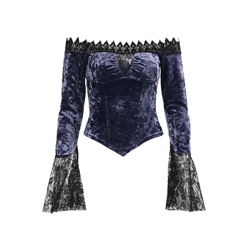 Off shoulder long flared sleeve velvet top