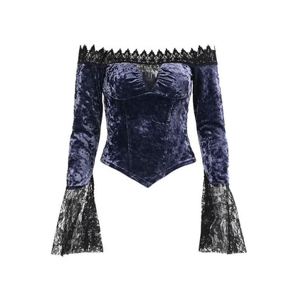 Off shoulder long flared sleeve velvet top