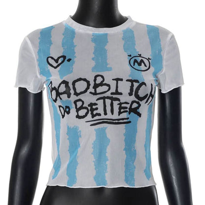 Short sleeve crewneck sheer mesh letter print crop top