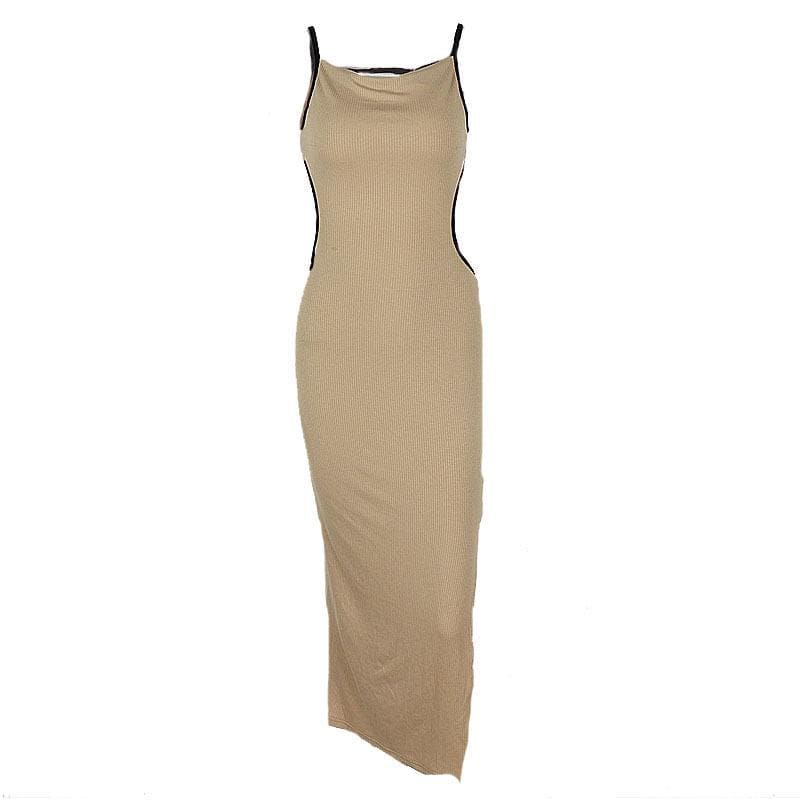 Ribbed contrast hollow out self tie backless slit cami cut out midi dress