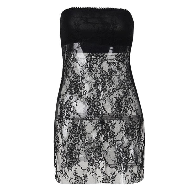 Floral Lace Strapless Tube Side Slit Backless Mini Dress