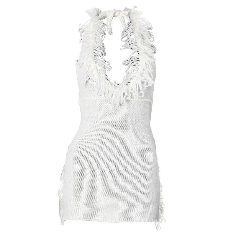Halter self tie tassels knitted backless mini dress