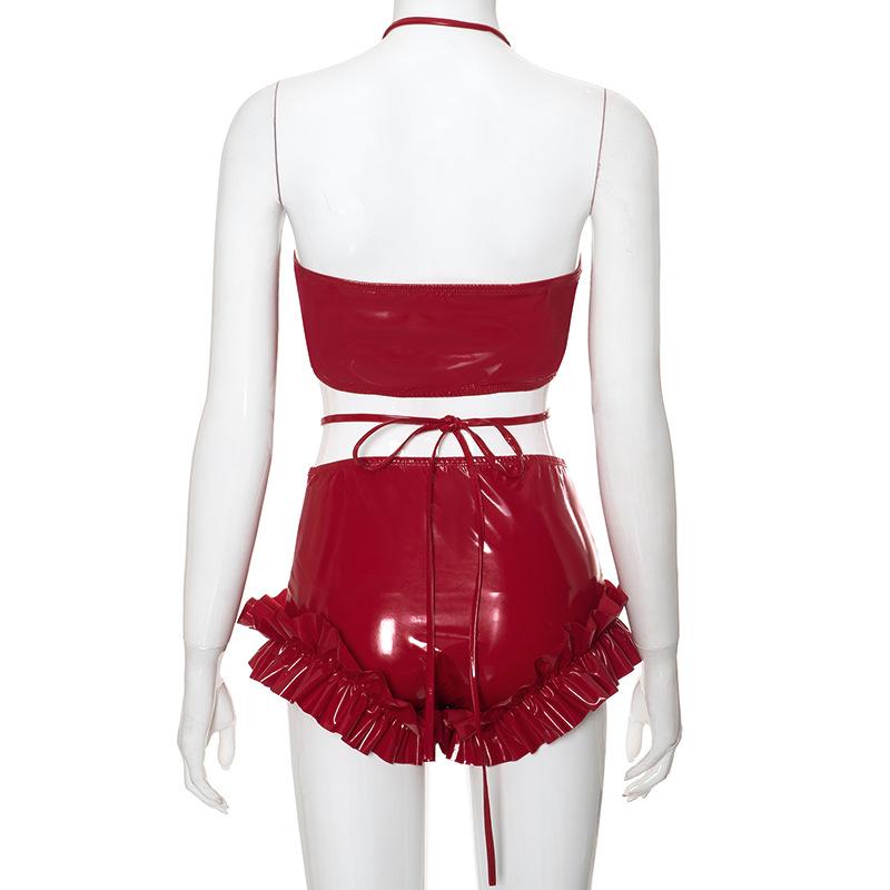 PU leather ruffled halter heart button pant set