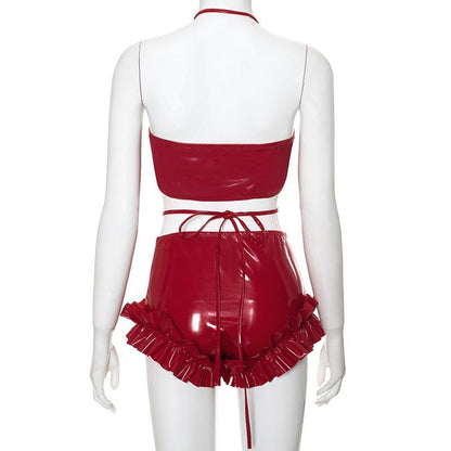PU leather ruffled halter heart button pant set