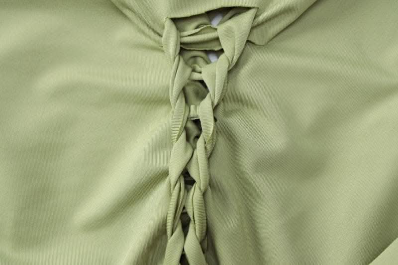 Long sleeve solid hollow out round neck ruched crop top skirt set-final-sale