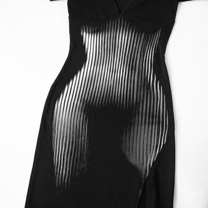 Slit long sleeve deep V neck print backless maxi dress