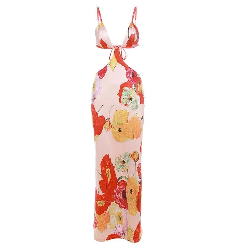 Hollow out v neck backless self tie flower print cut out maxi dress-final-sale