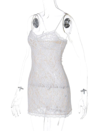 V neck see through lace bowknot cami mini dress