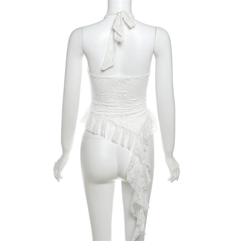 Halter mesh ruffle backless top