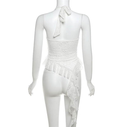 Halter mesh ruffle backless top