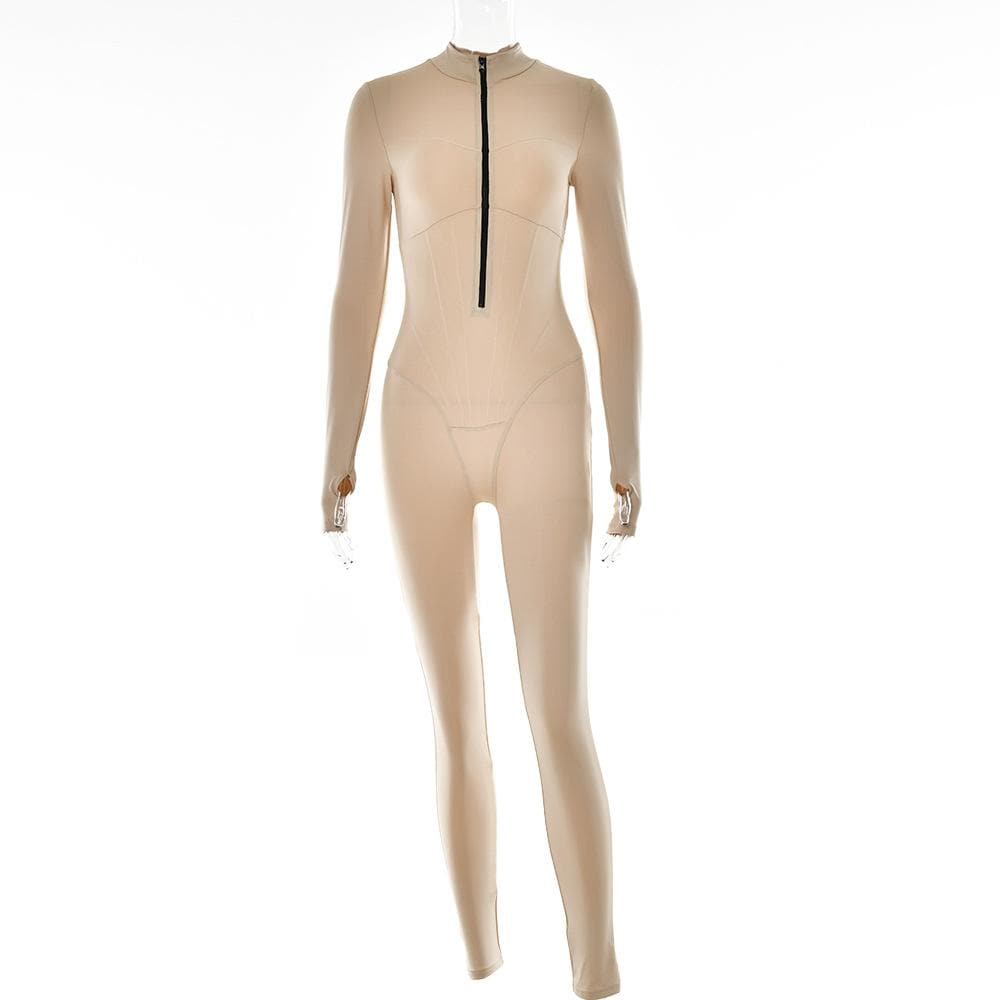 Stitch long sleeve zip-up gloves high neck jumpsuit