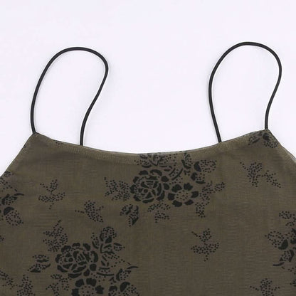 Flower print mesh zip-up cami maxi dress