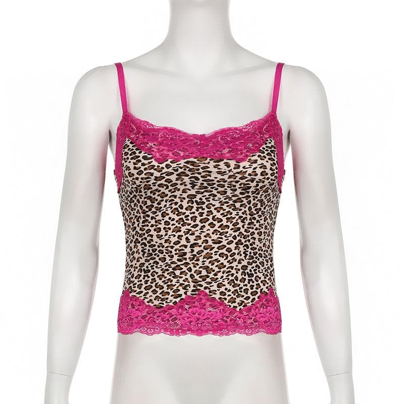Leopard print lace hem slit cami top