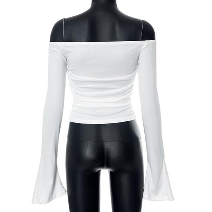 Ribbed long flared sleeve solid ruched off shoulder top