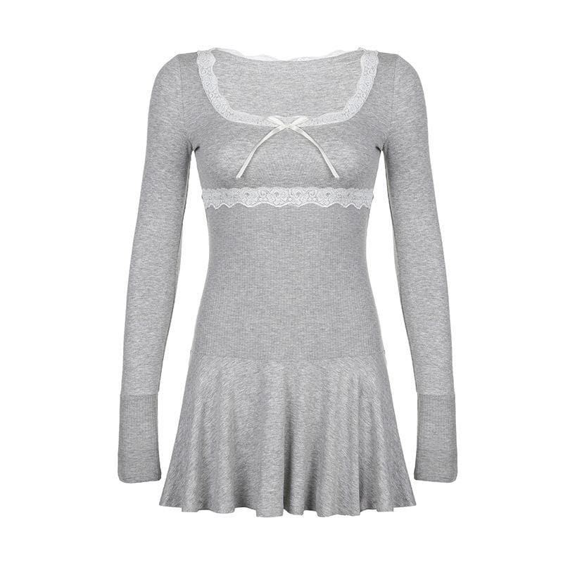 Lace Trim Scoop Neck Bow Empire Waist Ribbed Long Sleeve Flared Mini Dress