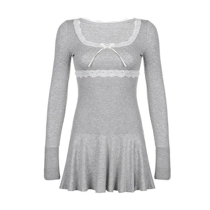 Lace Trim Scoop Neck Bow Empire Waist Ribbed Long Sleeve Flared Mini Dress