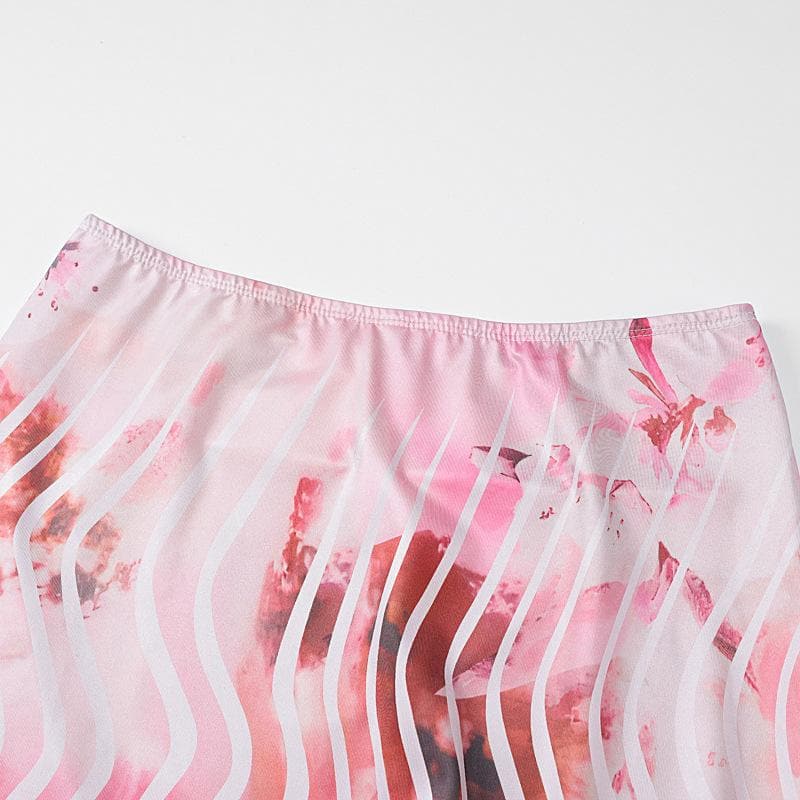 Halter print deep v neck ruffle midi skirt set