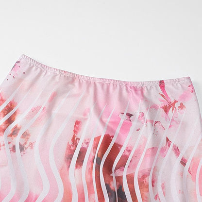 Halter print deep v neck ruffle midi skirt set