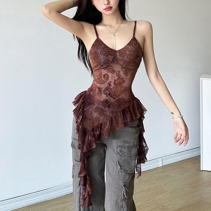 V neck irregular ruffle print cami top