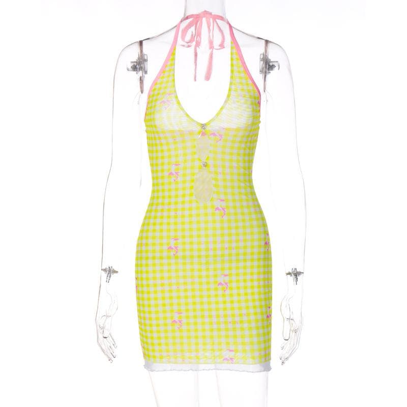 Sheer mesh plaid contrast print halter ruffle backless mini dress