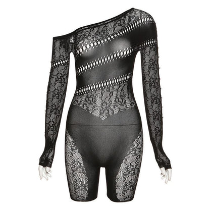 Off shoulder gloves long sleeve lace fishnet button see through romper