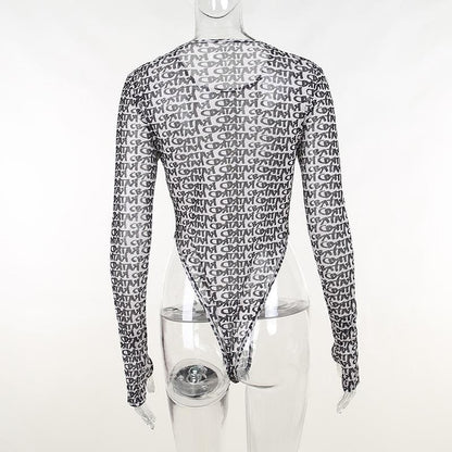 Long sleeve round neck contrast print sheer mesh gloves bodysuit