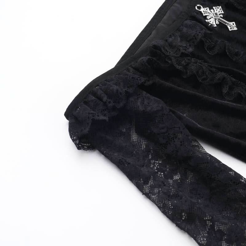 Long flared off shoulder lace cross applique top