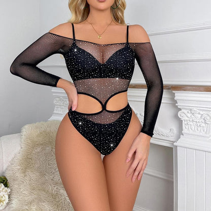 Long sleeve off shoulder mesh rhinestone bodysuit