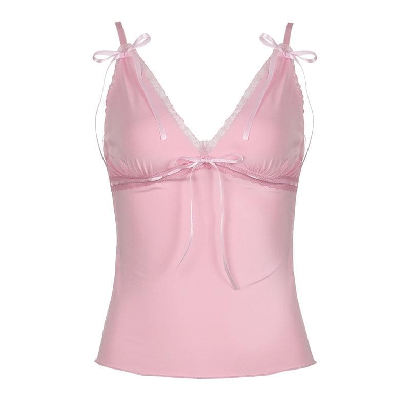 Ribbon bowknot lace hem v neck cami top