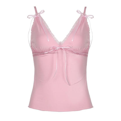 Ribbon bowknot lace hem v neck cami top